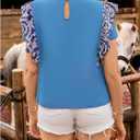 MakeMeChic Women's Floral Blouse Crew Neck Short Sleeve Keyhole Summer Boho Shirt (Blue, M)