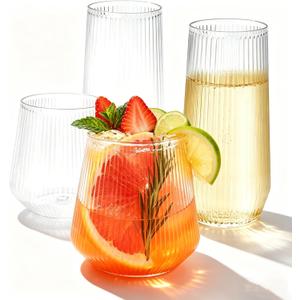 48 Pack Plastic Glasses 24 x 9oz Stemless Champagne Flutes & 24 x 12oz Stemless Wine Glasses Elegant Disposable Shatterproof Cup BPA-Free Drinkware for Weddings, Parties (Clear Ribbed)