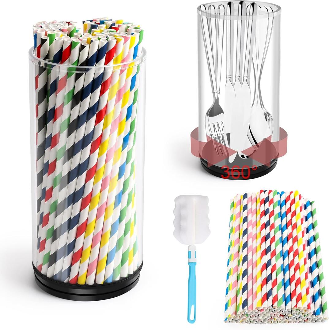 360 Rotating Straw Container with 100 Party Straws, Large Acrylic STRAW Dispenser for Counter, Cabinet straw Holder Organizer for Bar, Kitchen, Office Drinking straw Dispensers