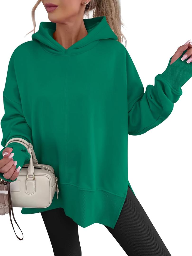ANRABESS Womens Oversized Hoodies Long Sleeve Fleece Side Slit Hooded Sweatshirts Pullover 2026 Fall Outfits Y2K Clothes (XSmall, Green)