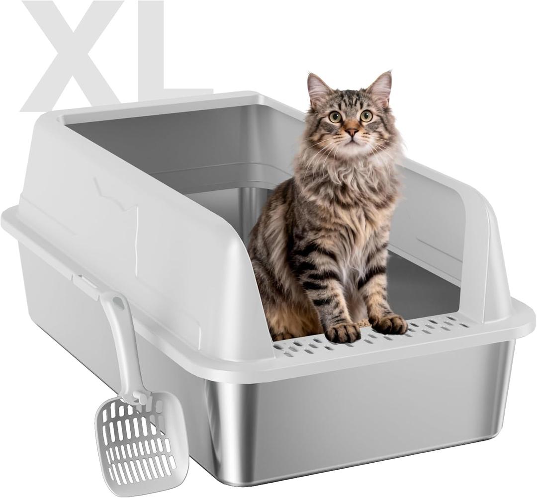Stainless Steel Cat Litter Box XL for Big Cats, High-Sided Design Prevents Urine Leakage, Non-Stick, Easy to Clean, Includes Scoop, Gray