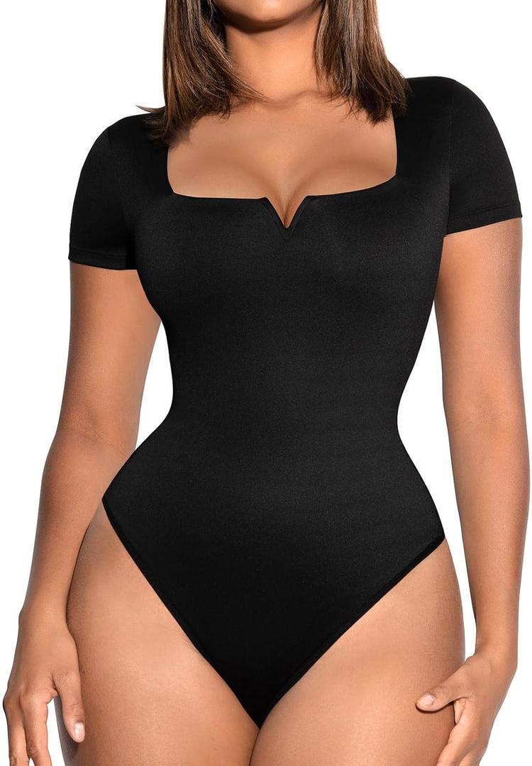 FeelinGirl Square Neck Bodysuit for Women Short Sleeve Tummy Control Slimming Bodysuit Going Out Tank Tops (Medium)
