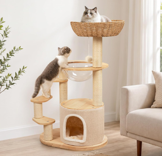Ainpota Solid Wood Cat Tree for Kitten & Munchkin, Modern Cat Tower with Low-Rise Steps, Indoor Multi-Level Aesthetic Boho Cat Furniture with Space Capsule, Condo, Hand-Woven Bed,for Minuet & Napoleon