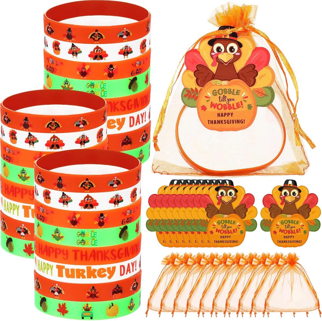 Liliful 72 Pcs Thanksgiving Fall Party Favors for Kids 24 Set Turkey Silicone Wristbands with Gift Tags and Organza Bags Thanksgiving Friendsgiving Goodie Bags for Classroom Students(Turkey Style)
