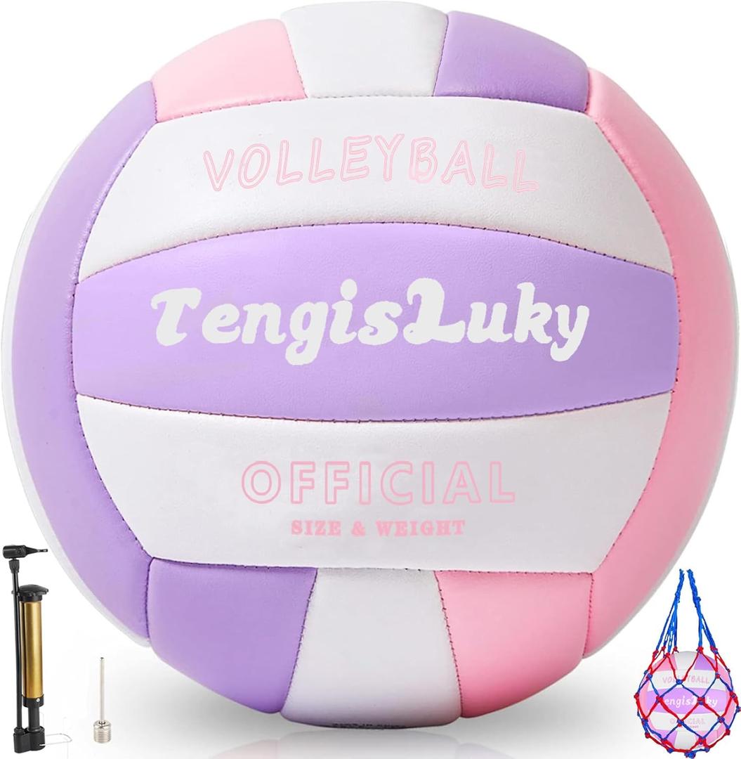 Soft Touch Volleyball Kit - Official Size 5 PU Leather Volleyball - for Outdoor/Indoor Play/Beach Game/Gym Training for Youth Teens Children Practice Volleyballs with Small Pump (Pink+Violet+White)