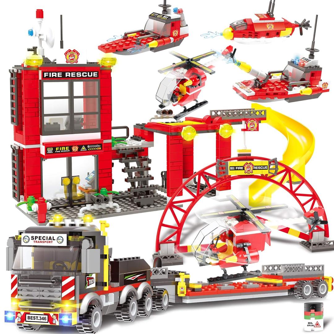 971 Pieces City Fire Station, Heavy Helicopter Cargo Transport Building Blocks Playset, Marine Fire Rescue Toy with Emergency Firefighter Patrol Ships & Helicopter, Gift for Kids Boys Girls 6-12
