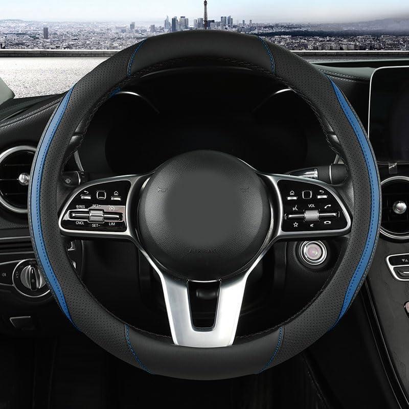 Car Steering Wheel Cover, Leather Steering Wheel Cover Blue Universal 14.5-15 Inch Microfiber Leather Anti-Slip Breathable Auto Steering Wheel Covers for Men Women (Black&Blue-2)