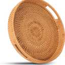 Round Rattan Serving Tray with Handles, Natural Wicker Decorative Tray for Serving, Fruit/Bread Serving Basket, Round Woven Tray14 inch, Gift Idea Choice (14") (13.9")