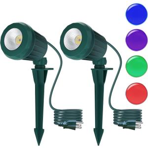 Halloween & Christmas Outdoor Spotlight, 6500K Cool White LED Landscape Lighting with 4 Lenses (RGB Purple), IP67 Waterproof, 120V Plug-in for Yard, Garden Tree Holiday Decor(2 Pack, Green)