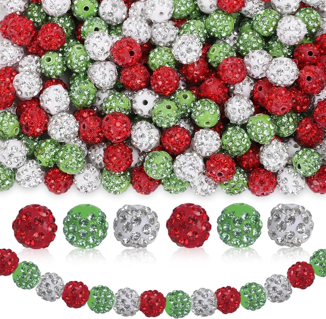JarThenaAMCS 120Pcs Christmas Rhinestone Clay Bead 10mm Red Green White Loose Bead Sparkle Disco Ball Spacer Bead for Xmas Winter DIY Necklaces Bracelet Keychain Jewelry Making