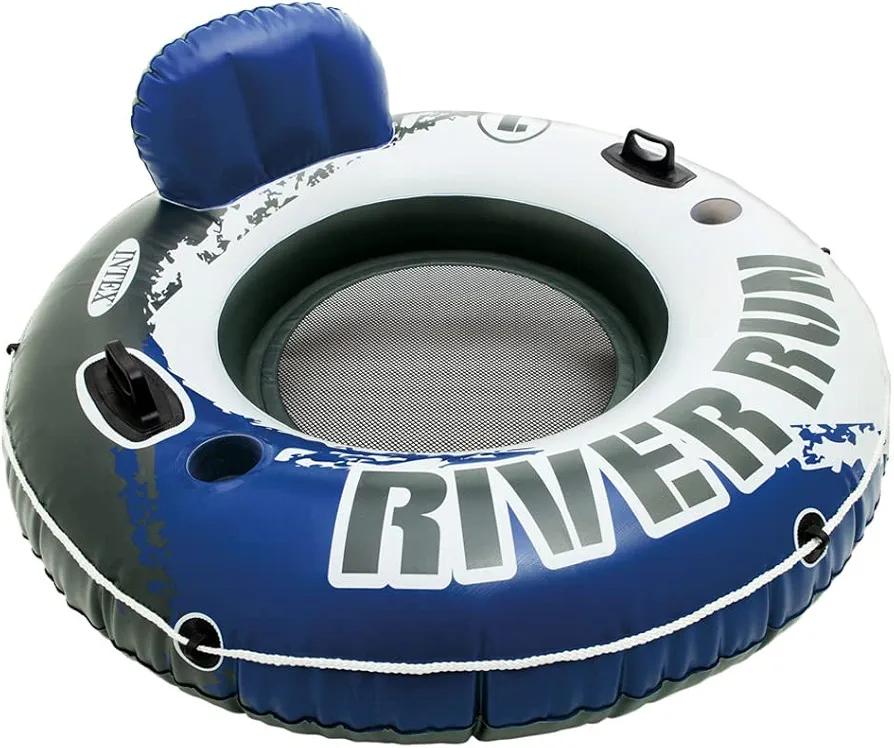 INTEX 58825EP River Run 1 Inflatable Floating Lounge: Comfortable Backrest – Built-in Cup Holders – Durable Grab Handles – All Around Grab Rope – 220lb Weight Capacity– Blue