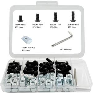 80 pcs M6 T Nut Screws Kit for 1010 1020 Aluminum Extrusion, 40 pcs Black M6x10/12/14/16mm Hexagon Socket Screws and 40 pcs M5 Sliding T-Nuts with 1 pcs M6 Hex Wrench