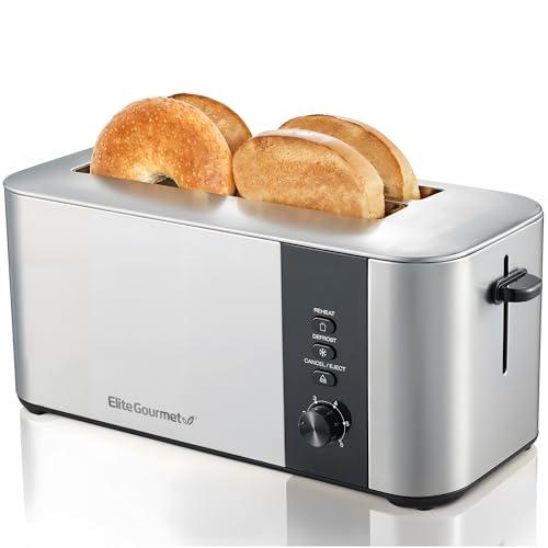Elite Gourmet ECT3401 Long Slot 4 Slice Toaster, 1.5” Slot Width, 6 Toast Shade Settings, Reheat, Defrost & Cancel Functions, Extra Large Slots for Bagels, Waffles, Artisan Breads, Stainless Steel