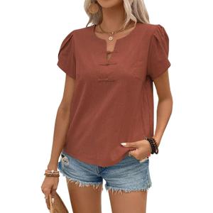 Blouses for Women Short Sleeve Tops Blouses for Women Dressy Casual Cute Summer Tops 2025 Trendy V Neck T Shirts Orange Petal Sleeve Tunic Shirts Spring Cotton Vacation Fall Tulip Beach XL