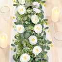 ASTRYAS 2 Pack 6.23Ft Artificial Eucalyptus Garland with Flowers, Fake Rose Garland Greenery Garlands Floral Vines for Wedding Spring Home Party Craft Art Table Runner Decor(White)