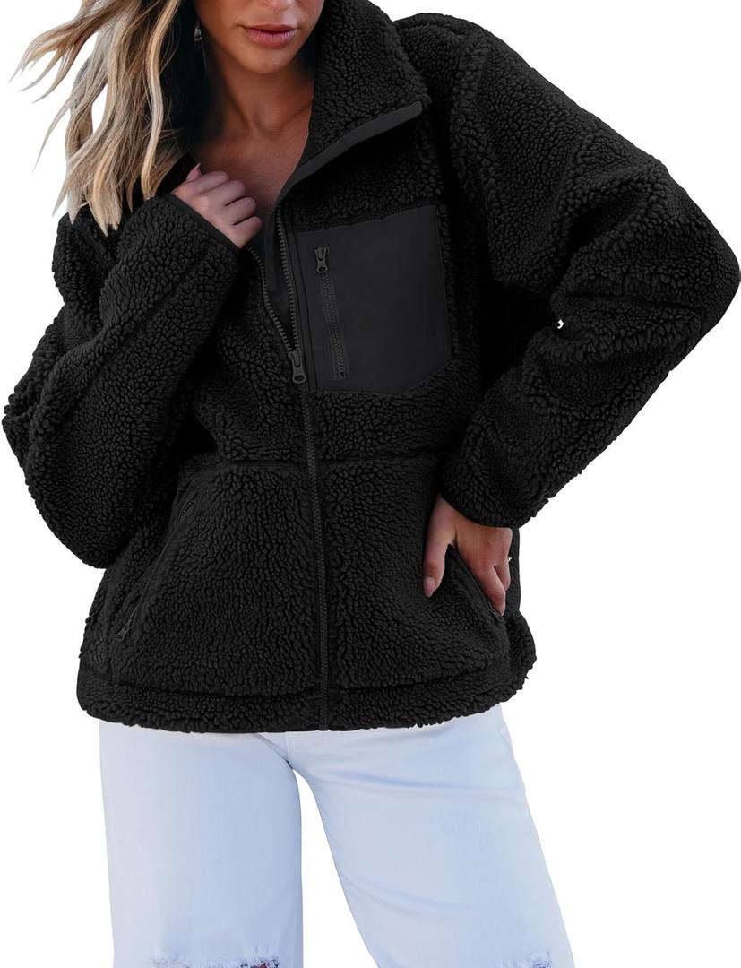 luvamia Sherpa Jackets for Women Trendy Zip Up Long Sleeve Winter Fall Casual Warm Fleece Coat Jackets with Pockets (Large, Black)