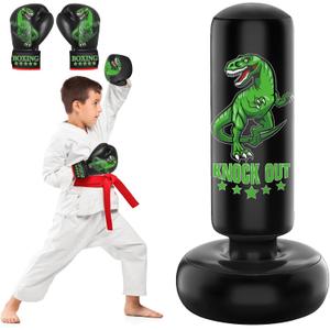 Larger Stable Dinosaur Punching Bag for Kids, 66" Tall Sports Kids Teens Inflatable Punching Bag with Boxing Gloves, Gifts for Boys & Girls Age 5-12 for Practicing Karate, Taekwondo, MMA (Green)