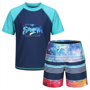 Moon Tree Boys Rash Guard Set for Boys 2 Piece Swimsuits Short Sleeve Bathing Suits with Trunks Quick Dry Swim Shirts Fantastic Summer Stripes Size 14-16