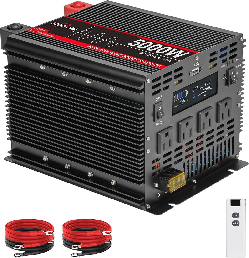 5000 Watt Pure Sine Wave Power Inverter, 12V DC to 110V/120V AC Converter 10000W Peak, with Remote Control LCD, 4 AC Outlets & USB Port & Hardwire Terminal, for Car Truck RV Camping Solar System EPS