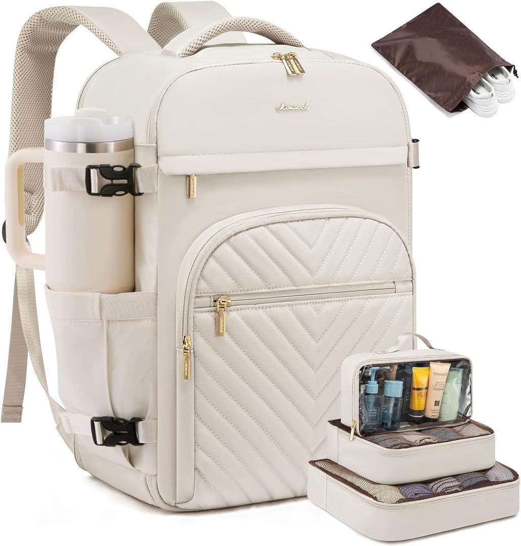 LOVEVOOK Large Travel Backpack for Women, 50L Carry on Backpack for Airplanes, TSA Personal Item Travel Bag for Women fits 18" Laptop, Waterproof Carry on Bags with 4 Packing Cubes (Beige_)