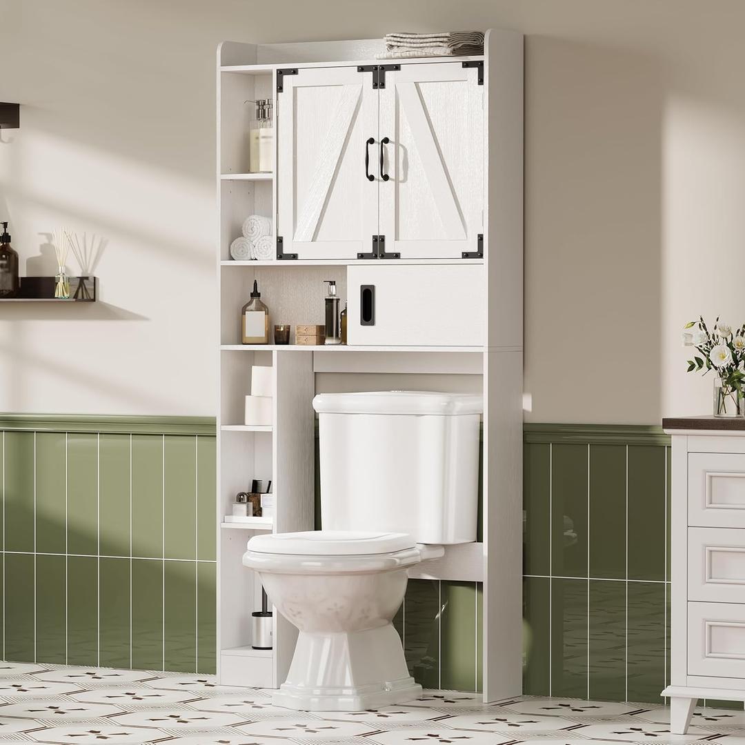 ChooChoo Over The Toilet Storage Cabinet, Farmhouse Bathroom Storage Cabinet with Sliding Door, Over Toilet Storage with Adjustable Shelves, Space-Saving, White