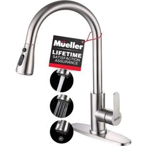Mueller Single Handle Stainless Steel Kitchen Sink Faucet, High Arc, Single Lever, Pull-Out Sprayer Head, Stream Flow, Powerful Spray Kitchen Sink, with Deck Plate Brushed Nickel Finish