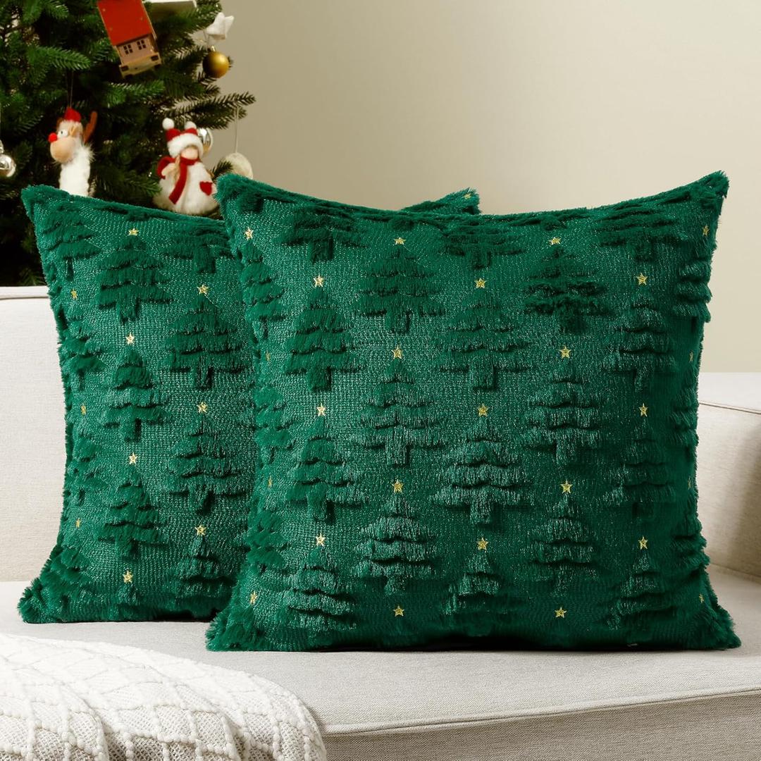 Softalker Christmas Throw Pillow Covers 16 x 16 Inch Set of 2, Xmas Winter Christmas Tree Faux Fur Cushion Covers, 3D Embroidered Pillow Cases for Couch Bedroom Living Room Decor, Green