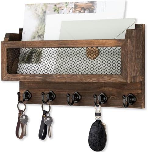 Nekon Mail and Key Holder for Wall Decorative, 11 Inch Wooden Wall Key Organizer with 5 Key Hooks, Wall Mount Storage Shelf for Entryway Hallway (Brown)