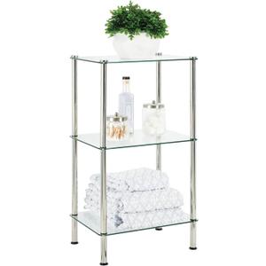mDesign Metal/Glass 3-Tier Storage Tower, Narrow Shelving Display Unit, Open Glass Shelves; Multi-Use Stand for Living Room, Bathroom, Home Office, Hallway, Bedroom Organization - Chrome/Clear