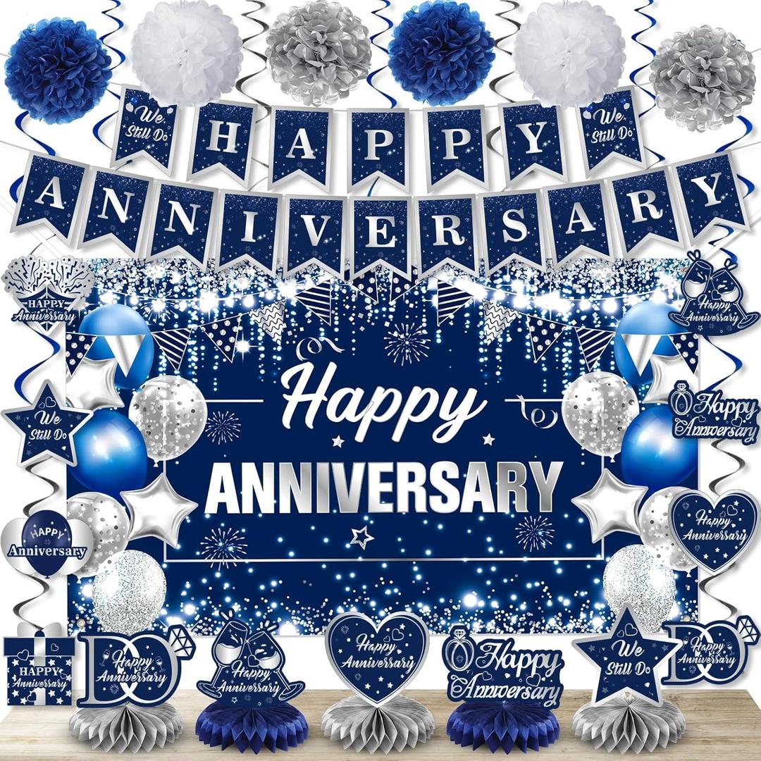 Happy Anniversary Decorations Kit Blue Silver Happy Anniversary Banner Honeycomb Centerpieces Hanging Swirls Tissue Paper Pompoms Set for Men Women Couple Wedding Anniversary Party Supplies Decor