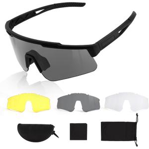 Tactical Eyewear Anti Fog, ANSI Z87.1 Sports Glasses with 3 Interchangeable Lens UV400 Protection Airsoft Goggle (Black Frame)