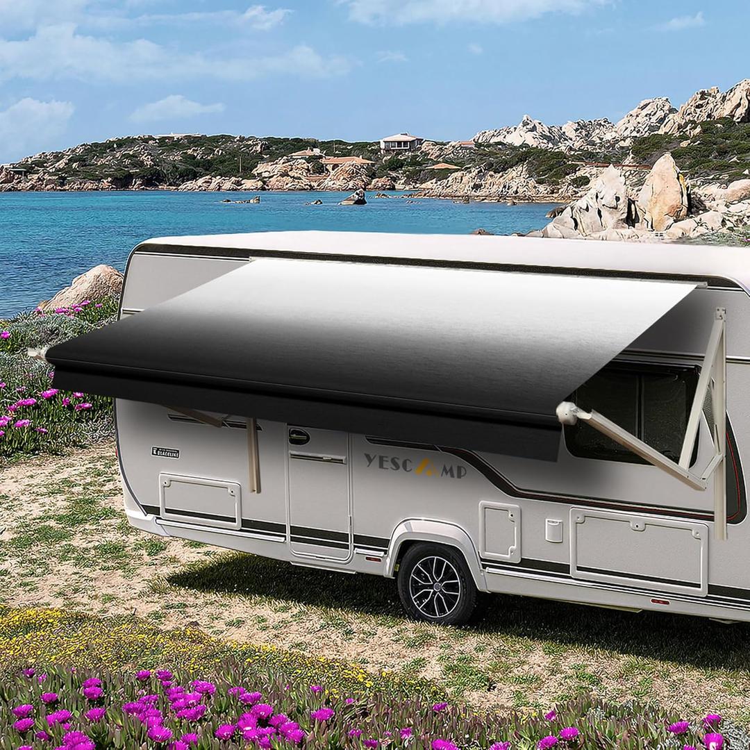 YESCAMP RV Awning Fabric Replacement Heavy Duty Weatherproof 4-Ply 18.5oz Vinyl Camper Awning Fabric - Universal Outdoor Canopy for Camper, Trailer, and Motorhome (Black Fade), Size: 15' (14'2" Fabric)