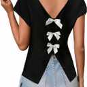 Avanova Women Bow Open Back Backless Tops Cap Short Sleeve V Neck Shirts Summer Casual Black Large (Black, L)