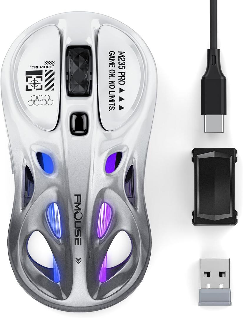 Tri-Mode Wireless Mouse (2.4G/Bluetooth/Wired), Hollow Design, RGB, 4800 DPI, Rechargeable Type-C for Mac/Laptop/iPad (Gaming/Office) - White & Gray Gradient