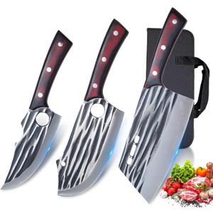 Butcher Knife Set with BagMeat Cleaver Full Tang Serbian Chef Knife High Carbon Steel for Meat Cutting Processing,Hand Forged Viking Carving Outdoor BBQ Camping Knife (3)
