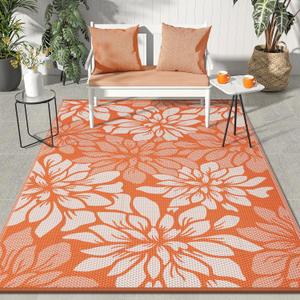 GENIMO Outdoor Rug Waterproof for Patio Decor, 6' x 9' Reversible Plastic Straw Floral Camping Carpet, Large Area Rugs Mats for RV, Camper, Deck, Balcony, Porch, Beach, Picnic, Orange & Beige