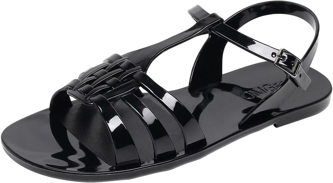 Women Sandals Jelly Shoes Flats Size 9 Beige T-Strap Crystal Jellies Slides Clear Rain Slippers Glitter Summer Beach Retro (11, Black)