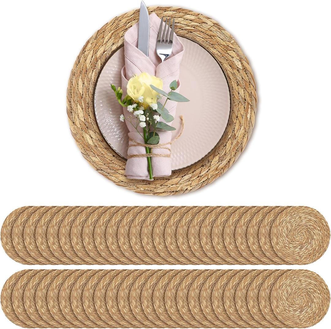 Aneco 48 Pack 12-Inch Round Woven Placemats Natural Hand-Woven Boho Rattan Wicker Bulrush Placemat Farmhouse Rustic Braided Table Mats for Dining & Kitchen Decor