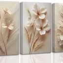 3Pcs Neutral Beige Floral Botanical Canvas Wall Art Modern Simple Texture Flower Plant Painting Picture Wall Decor Vintage Blossom Poster Print Artwork for Living Room Bedroom Bathroom