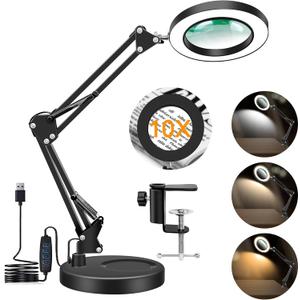 10X Magnifying Glass with Light and Stand, Magnifier with Light Hands Free, 3 Color Modes 10 Level Dimmable, Magnifying Real Glass LED Desk Lamp for Close Work, Repair, Reading, Craft, Black