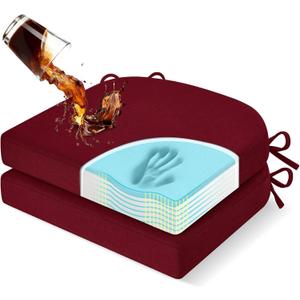 downluxe Chair Cushions for Dining Chairs, Memory Foam Linen Kitchen Chair Pads with Ties, Waterproof, Stain-Resistant and Washable Cover, 17" x 16" x 2.5", Red, 2 Pack