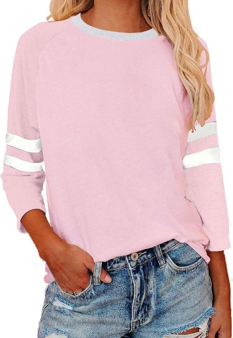 Womens 3/4 Sleeve Fashion Crewneck Tops Patchwork Blouse Casual Loose Comfy Shirt (X-Large, 1 Baby Pink)