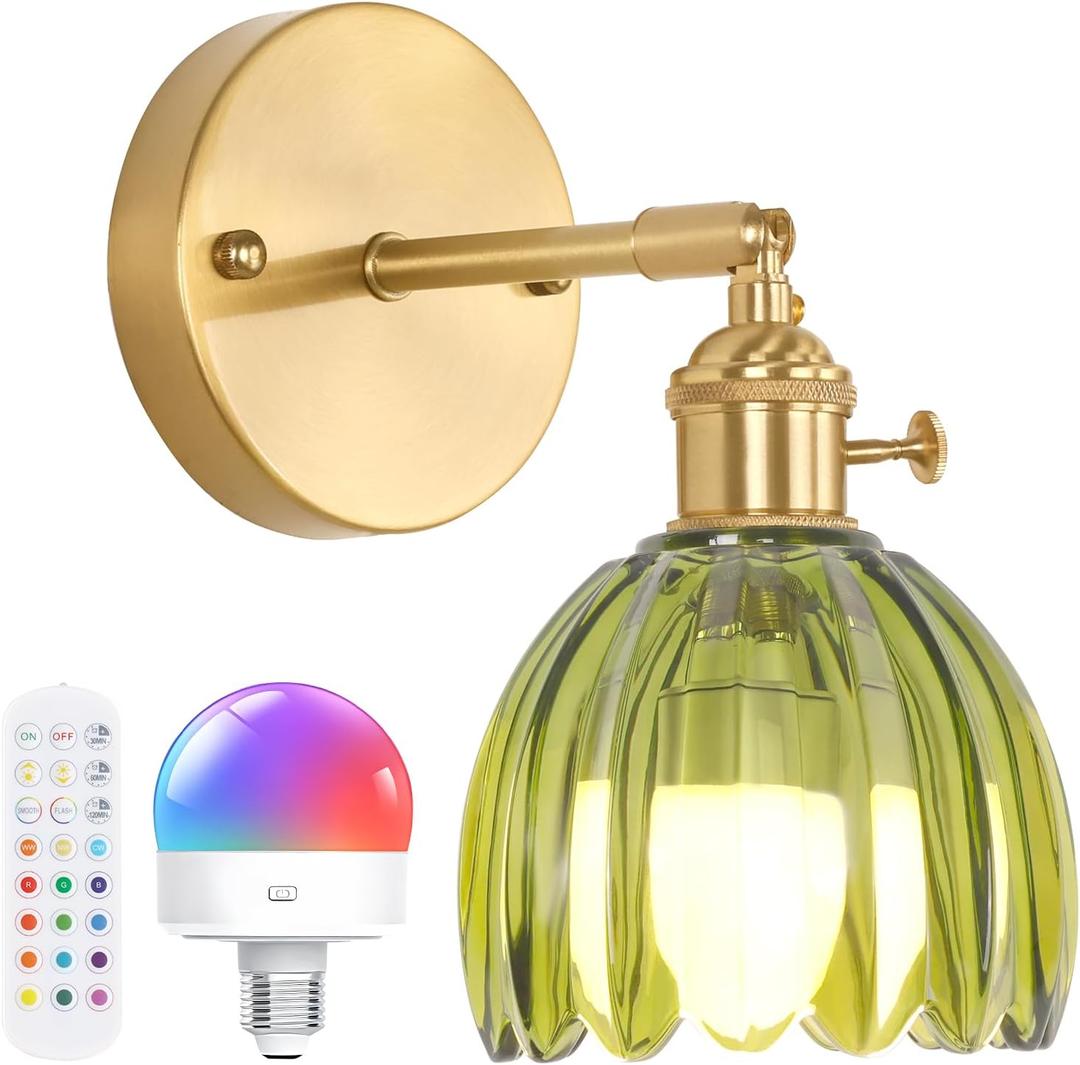 Vintage Battery Operated Wall Sconce with Cute Green Tulip Glass Lampshade Wireless Rechargeable Battery Powered Wall Light with Remote Control for Bedside Bedroom Doorway
