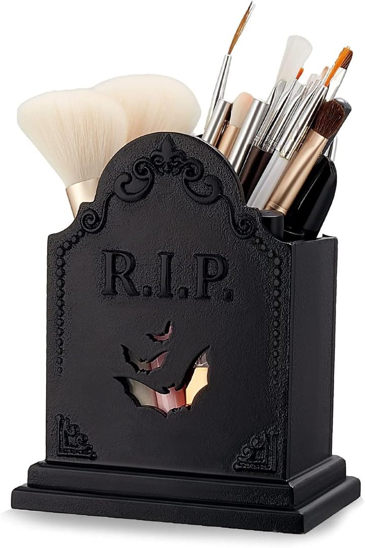 Gueevin Gothic Makeup Brush Holder Tombstone Wooden Pen Holder Spooky Christmas Decor Witchy Home Bathroom Decor Office Brushes Organizer for Desk Gothic Gifts for Women Vanity Accessories