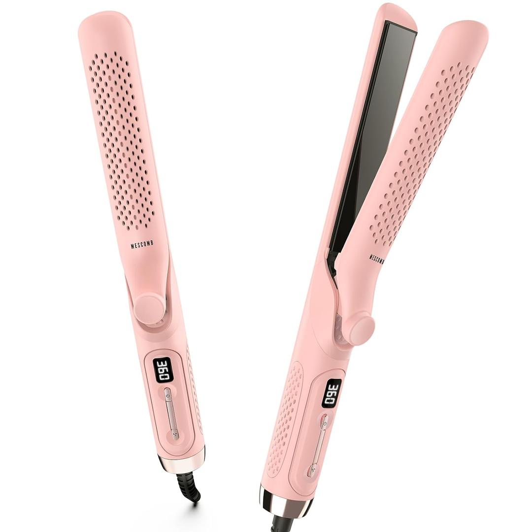 360 Airflow Styler Curling Iron - 1 Inch Hair Straightener and Curler 2 in 1 with Vented Cool Air to Lock in Style, Extra LongFlat Iron Curling Wand, Dual Voltage for Europe Travel (Blush)