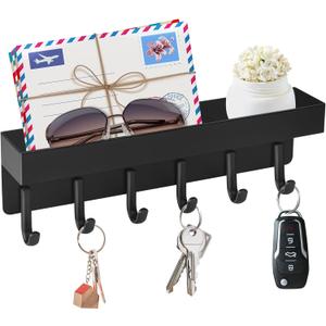 VIS'V Magnetic Key Holder Wall Mount, Compact Metal Key Rack with Tray, 6 Hooks, 2 Mount Options, Black