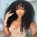 200 Density Curly Wig with Bangs Human Hair Full Machine Made Scalp Top Wig Glueless Virgin Brazilian Long Curly Wig No Lace for Black Women Natural Color 20 inch