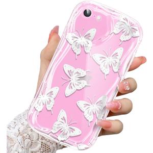 2 x Compatible for iPhone SE/8/7 Case, Pretty Butterfly Print Three-Dimensional Wave Clear Case for Girls Women, Soft Full Package Anti-Fall Cover for iPhone SE/8/7, White Butterfly