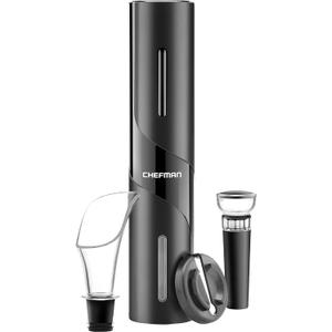 Chefman Electric Bottle Opener Makes Opening Bottles Fast, Foolproof, And Fun! Black, Battery-Operated 4-Piece Corkscrew Set Comes With A Foil Cutter, Pourer, And Vacuum Stopper