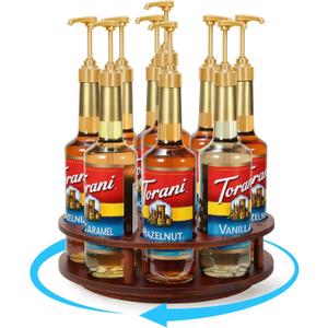 THYGIFTREE Large Rotating Coffee Syrup Organizer 9 Bottles Coffee Syrup Rack for Countertop Wood Syrup Bottle Holder Stand for Coffee Bar Station, Turntable Display Tray, Brown